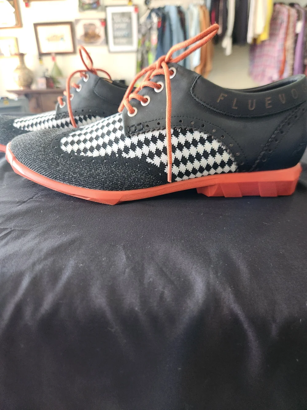 John Fluevog Black & Orange Knit Wingtip Sneakers